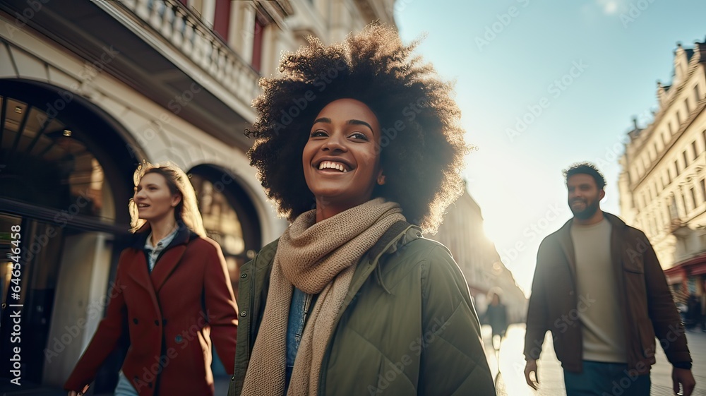 Obraz premium Group Of Young African American People Walking Down The Street With A Perfect Smile. Positive Emotion. Lifestyle