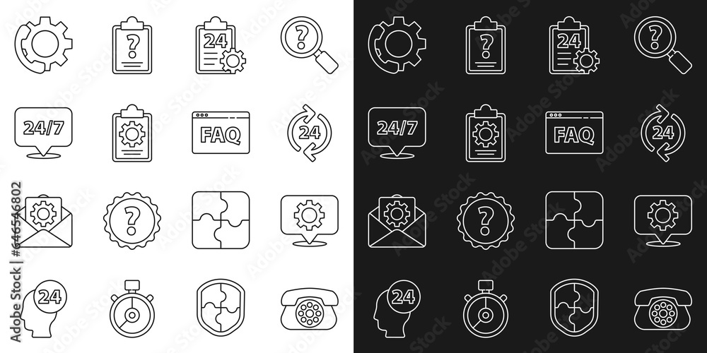 Set line Telephone, Location with gear, 24 hours support, Checklist service, Clock, and Browser FAQ icon. Vector Set line Telephone, Location with gear, 24 hours support, Checklist service, Clock, and Browser FAQ icon. Vector