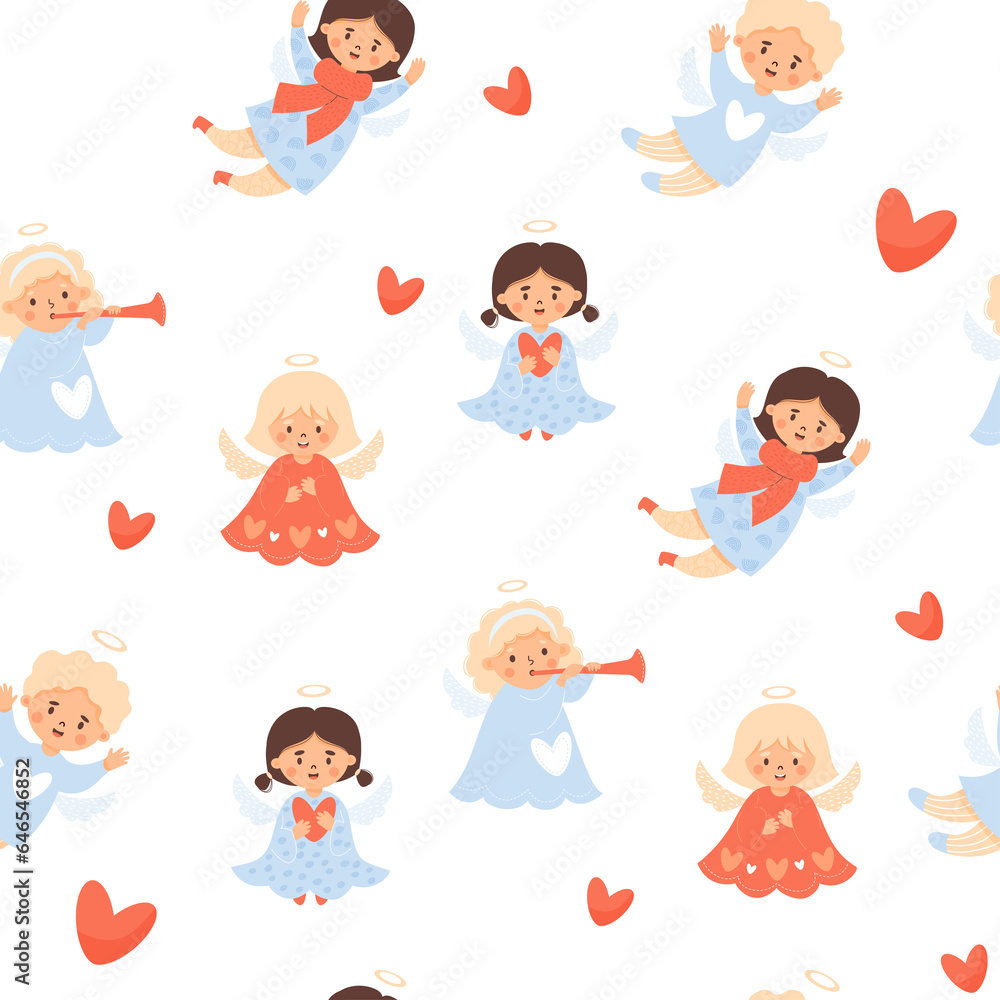 Christmas kids seamless pattern. Cute angel girls and boy Christmas kids seamless pattern. Cute angel girls and boy