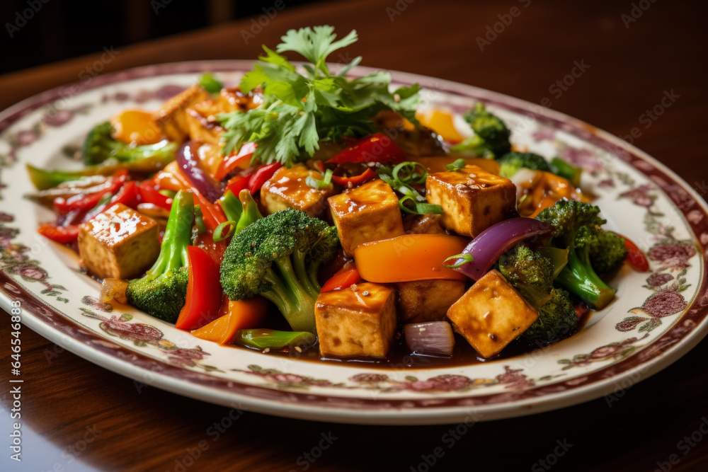A close-up shot of a beautifully plated tofu stir-fry garnished with colorful vegetables showcasing the artistry and versatility of tofu 
