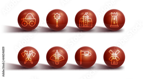 Set line Wooden four-wheel cart, Crossed medieval axes, Castle tower, Medieval flag, Battle crossbow with arrow, chained mace ball, Windmill and Castle, fortress icon. Vector