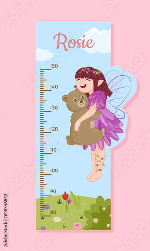 Height meter with fairy concept. Centimeter for girls. Decor element for children room. Poster or banner for website. Cartoon flat vector illustration isolated on pink background