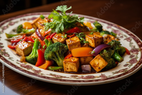 A close-up shot of a beautifully plated tofu stir-fry garnished with colorful vegetables showcasing the artistry and versatility of tofu 