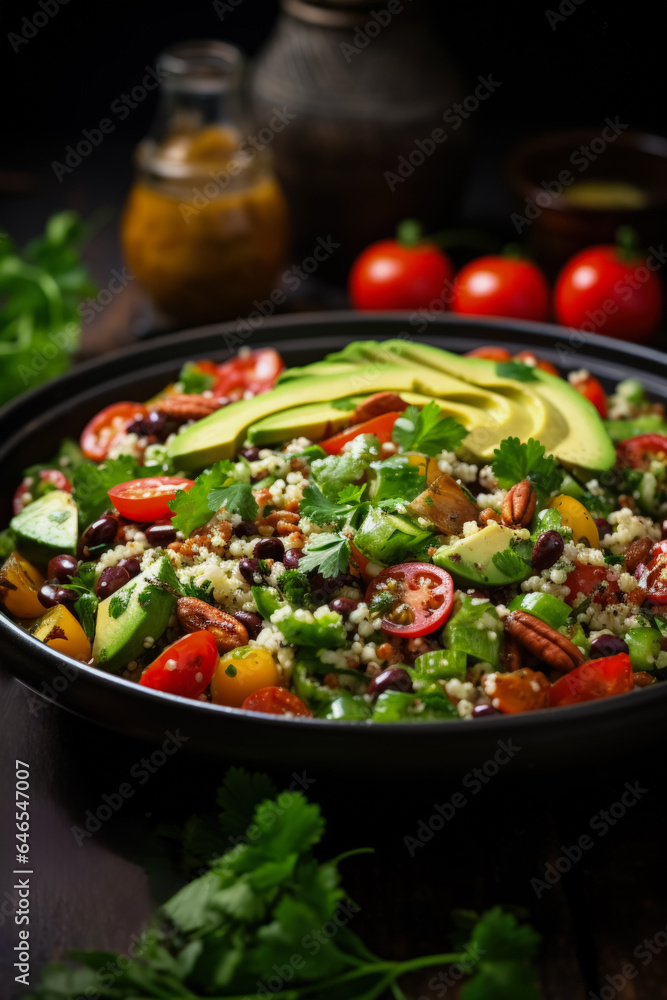 Vegetarian dish showcasing an array of colorful spices and ingredients background with empty space for text Vegetarian dish showcasing an array of colorful spices and ingredients background with empty space for text