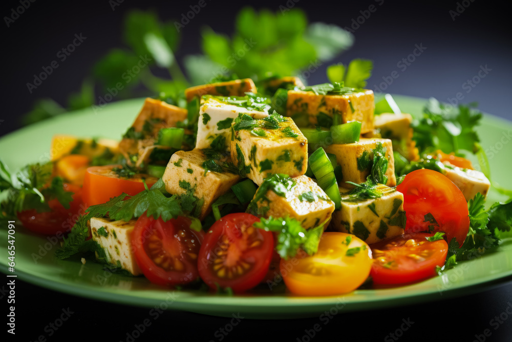 A close-up of a vibrant tofu salad garnished with fresh herbs on a gradient background A close-up of a vibrant tofu salad garnished with fresh herbs on a gradient background