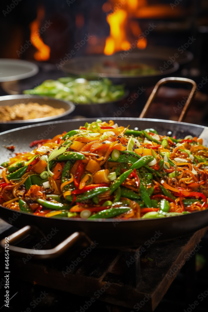 Freshly chopped vegetables sizzle in a wok surrounded by colorful spices showcasing the exquisite flavors of vegetarian cuisine 