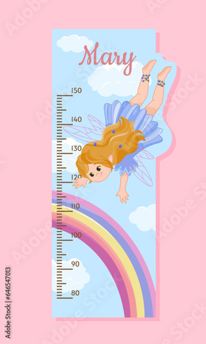 Height meter with fairy concept. Centimeter with ficttional character in blue dress near rainbow. Poster or banner for website. Cartoon flat vector illustration isolated on pink background