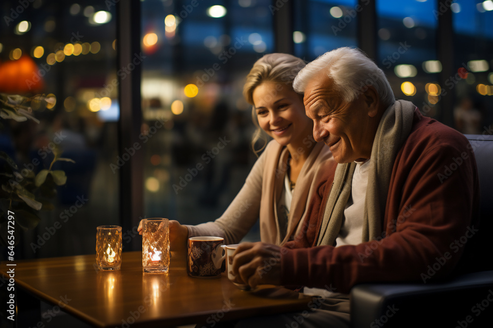 senior couple drinking coffee at night in cafe with candles and lights.