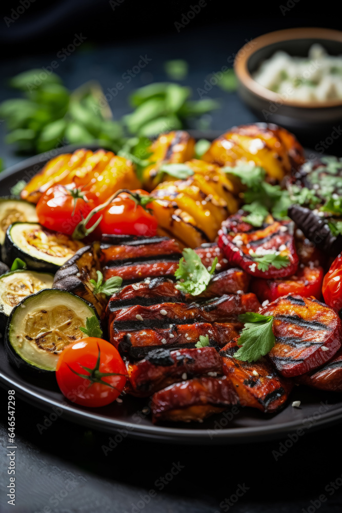 A close-up shot of a mouthwatering plate of grilled vegetables tofu and plant-based sausages highlighting the vibrant colors and delicious diversity of vegetarian barbecue options 