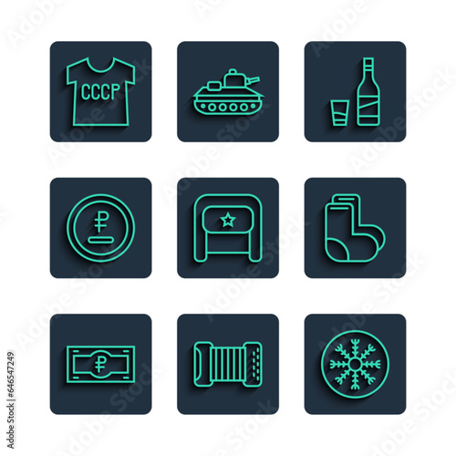 Set line Russian ruble banknote, Accordion, Snowflake, Bottle of vodka with glass, Ushanka, Rouble, currency, USSR t-shirt and Valenki icon. Vector
