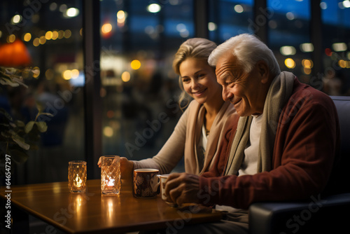 senior couple drinking coffee at night in cafe with candles and lights.