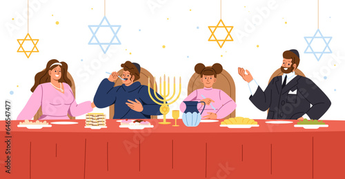 Jewish family at table concept. Man and woman with kids near traditional food and eating. Holiday and festival. Rosh Hashanah, religion. Cartoon flat vector illustration isolated on white background