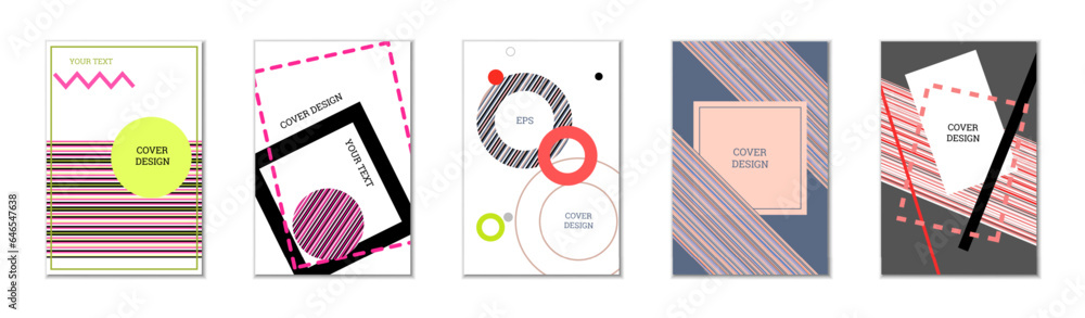 Geometric cover design, set of 5 covers. Abstract unusual background in Memphis style. Bright geometric shapes in random order Geometric cover design, set of 5 covers. Abstract unusual background in Memphis style. Bright geometric shapes in random order