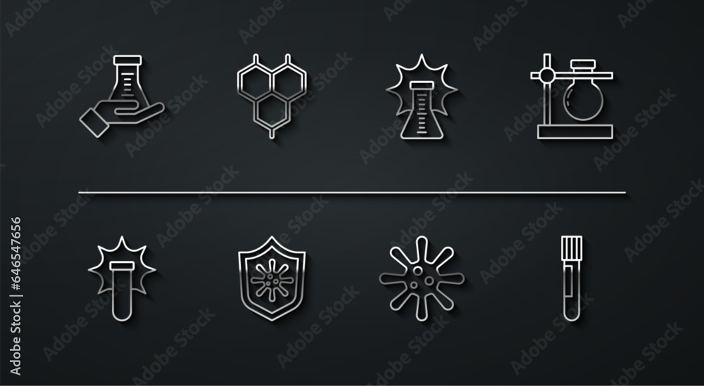 Set line Test tube and flask, Chemical explosion, stand, Bacteria, Shield protecting from virus, formula, and icon. Vector Set line Test tube and flask, Chemical explosion, stand, Bacteria, Shield protecting from virus, formula, and icon. Vector