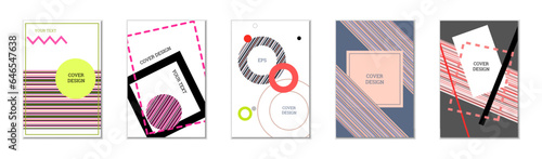 Geometric cover design, set of 5 covers. Abstract unusual background in Memphis style. Bright geometric shapes in random order