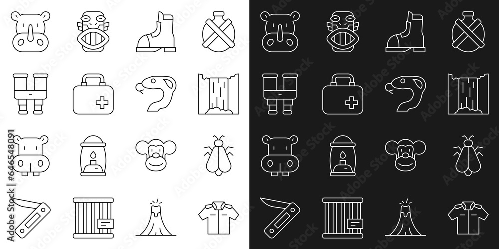 Set line Shirt, Mosquito, Waterfall, Hunter boots, First aid kit, Binoculars, Rhinoceros and Snake icon. Vector Set line Shirt, Mosquito, Waterfall, Hunter boots, First aid kit, Binoculars, Rhinoceros and Snake icon. Vector