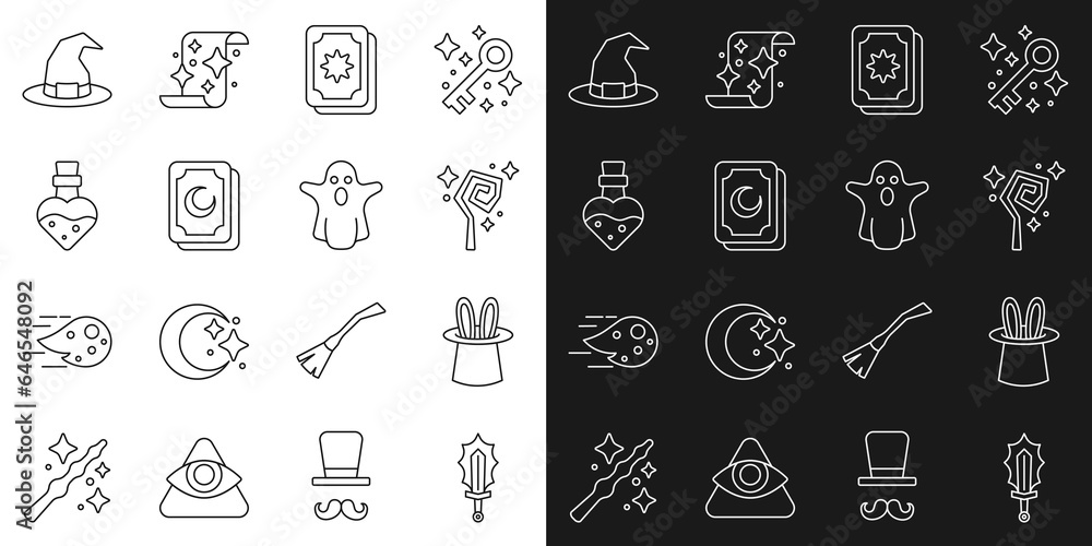 Set line Magic sword in fire, Magician hat and rabbit ears, staff, Tarot cards, Bottle with potion, Witch and Ghost icon. Vector