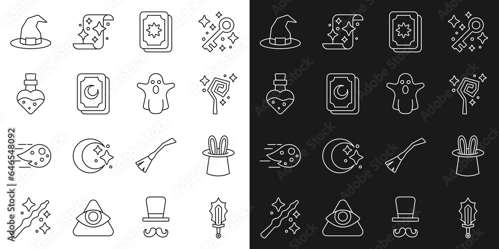 Set line Magic sword in fire, Magician hat and rabbit ears, staff, Tarot cards, Bottle with potion, Witch and Ghost icon. Vector Set line Magic sword in fire, Magician hat and rabbit ears, staff, Tarot cards, Bottle with potion, Witch and Ghost icon. Vector