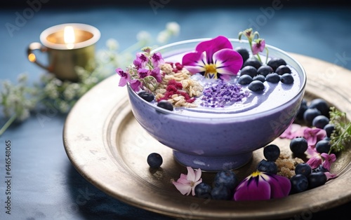 Blue matcha smoothie in a bowl decorated with butterfly pea flowers and berries on a table