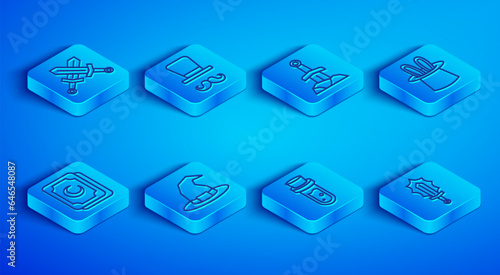 Set line Crossed medieval sword, Magician, Sword in the stone, Witch hat, Bottle with potion, and rabbit ears, Tarot cards and fire icon. Vector