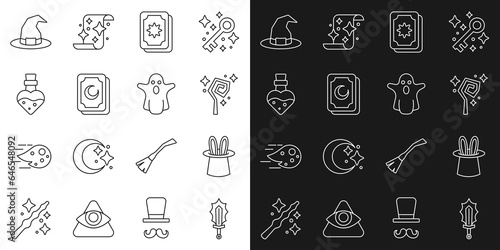 Set line Magic sword in fire, Magician hat and rabbit ears, staff, Tarot cards, Bottle with potion, Witch and Ghost icon. Vector