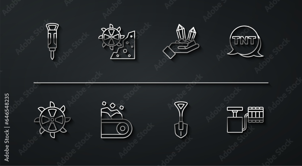 Set line Construction jackhammer, Bucket wheel excavator, Dynamite, Shovel, Conveyor belt carrying coal, Handle detonator and Gem stone icon. Vector Set line Construction jackhammer, Bucket wheel excavator, Dynamite, Shovel, Conveyor belt carrying coal, Handle detonator and Gem stone icon. Vector