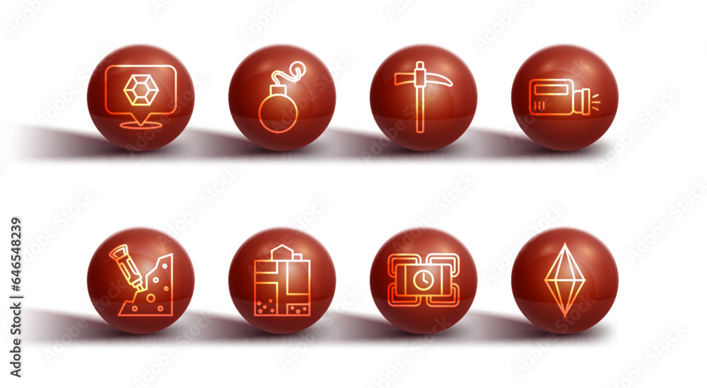 Set line Gem stone, Construction jackhammer, Flashlight, Dynamite, Mine entrance, Bomb, and Pickaxe icon. Vector Set line Gem stone, Construction jackhammer, Flashlight, Dynamite, Mine entrance, Bomb, and Pickaxe icon. Vector