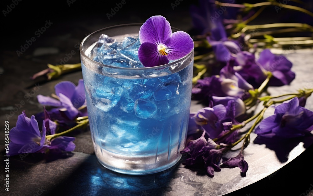 Blue matcha cocktail in a glass with ice on a table decorated with butterfly pea flowers
Blue matcha cocktail in a glass with ice on a table decorated with butterfly pea flowers