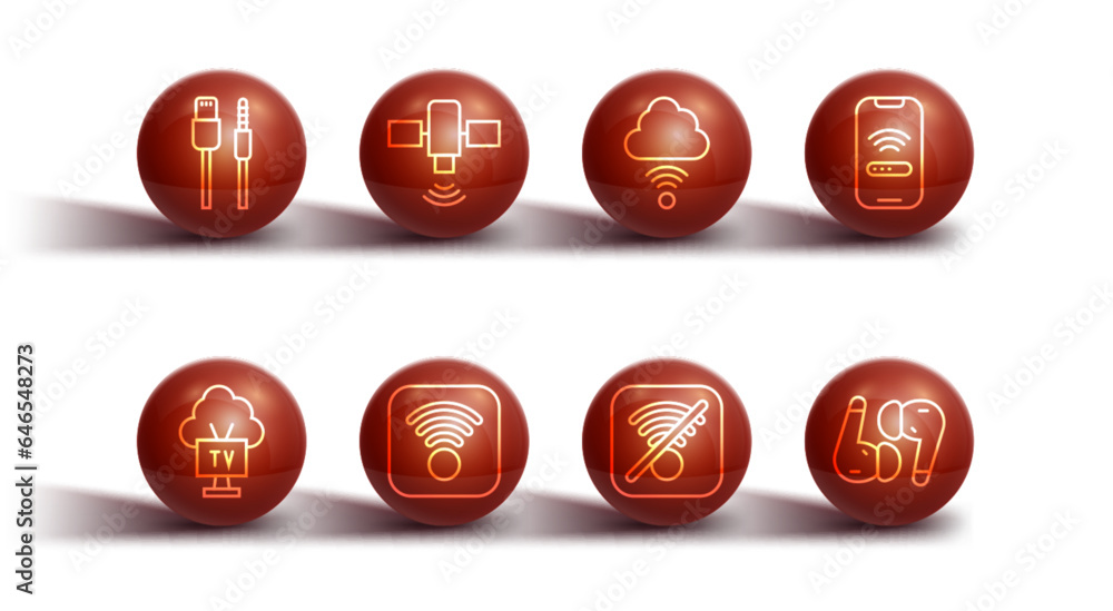 Set line USB cable cord, Smart Tv, Mobile with wi-fi wireless, No Wi-Fi internet, Satellite, Air headphones and Network cloud connection icon. Vector Set line USB cable cord, Smart Tv, Mobile with wi-fi wireless, No Wi-Fi internet, Satellite, Air headphones and Network cloud connection icon. Vector