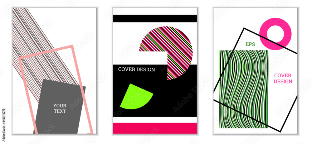 Geometric cover design, set of 3 covers. Abstract unusual background in Memphis style. Bright geometric shapes in random order Geometric cover design, set of 3 covers. Abstract unusual background in Memphis style. Bright geometric shapes in random order