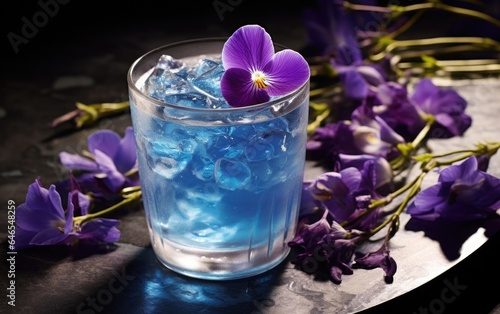 Blue matcha cocktail in a glass with ice on a table decorated with butterfly pea flowers 