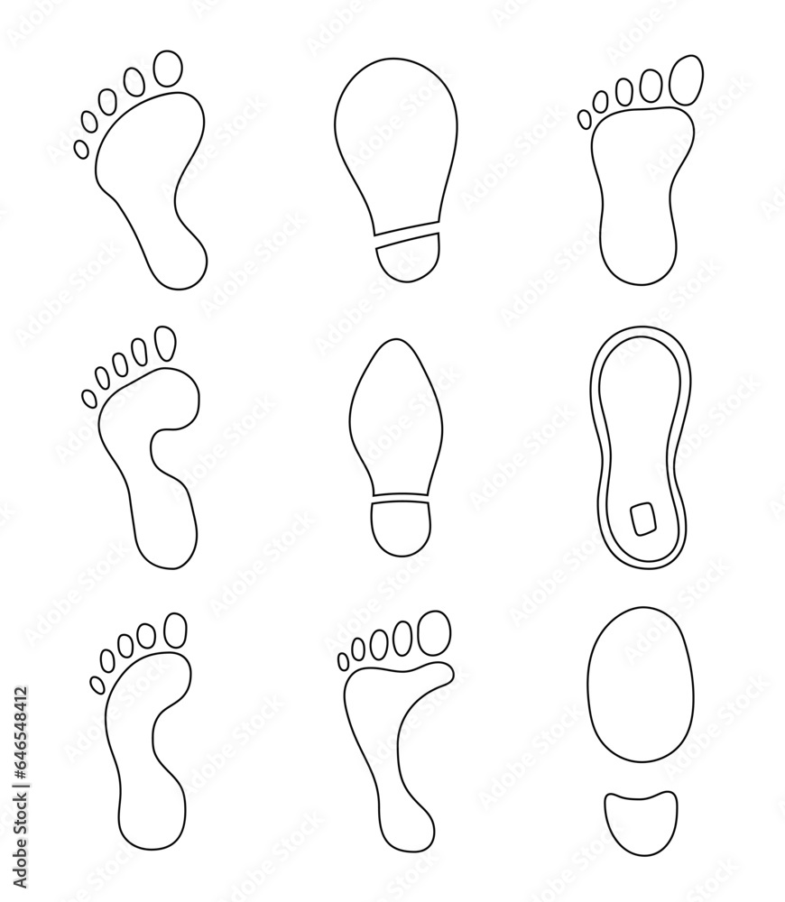 Obraz premium Different human footprints. Coloring Page. Shoe tread imprint. Hand style. Vector drawing. Collection of design elements.