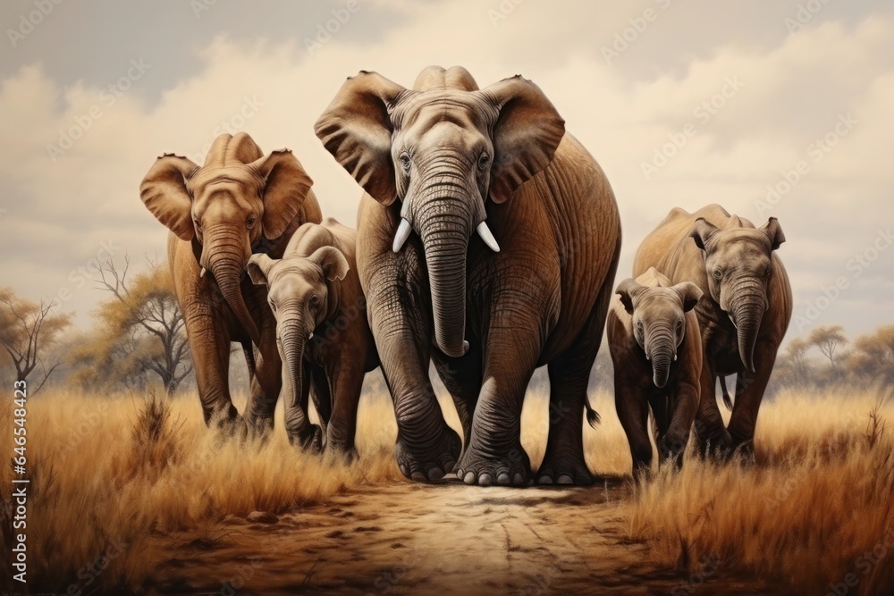 Fototapeta premium A herd of elephants with small calves is approaching us.