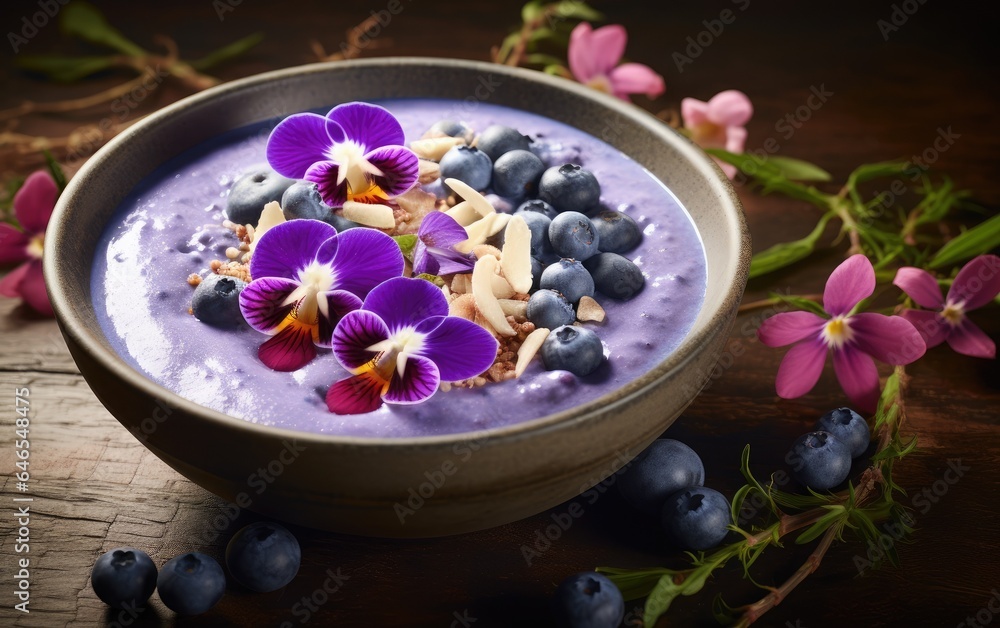 Blue matcha smoothie in a bowl decorated with butterfly pea flowers and berries on a table Blue matcha smoothie in a bowl decorated with butterfly pea flowers and berries on a table