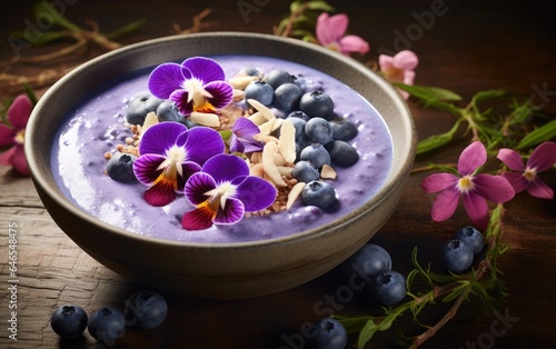 Blue matcha smoothie in a bowl decorated with butterfly pea flowers and berries on a table