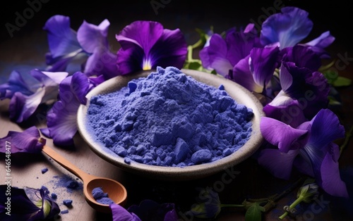 Blue matcha powder in a bowl surrounded by butterfly pea flowers 