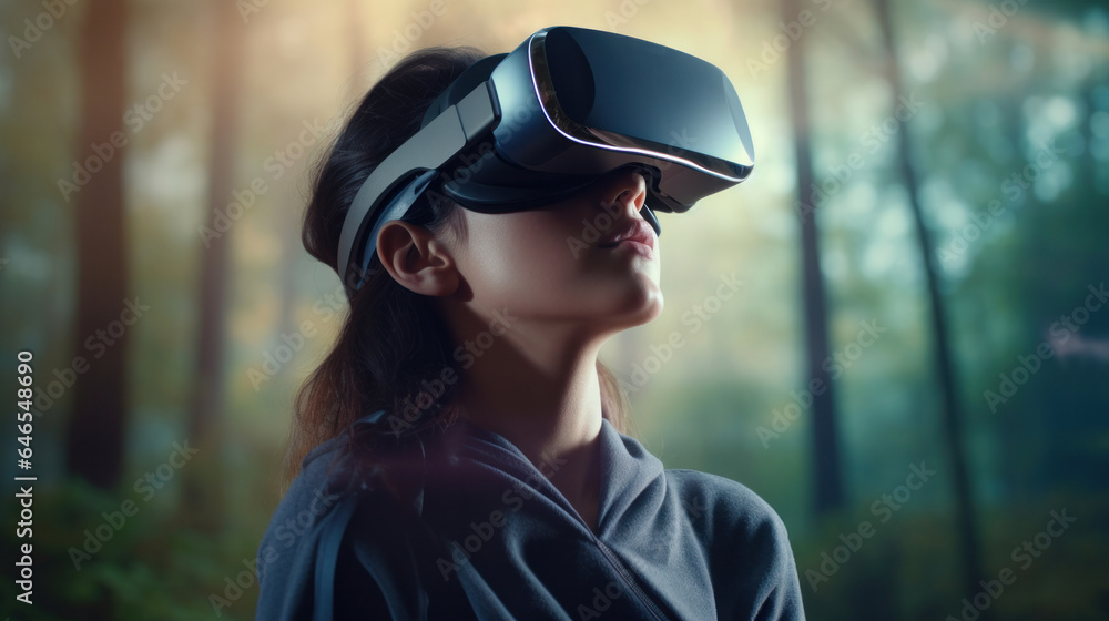 Tech-Savvy Female Student Explores Metaverse with VR Headset, Embracing Modern Cyber Gaming in the Future of Outdoor Virtual Reality Exploration.. Tech-Savvy Female Student Explores Metaverse with VR Headset, Embracing Modern Cyber Gaming in the Future of Outdoor Virtual Reality Exploration..