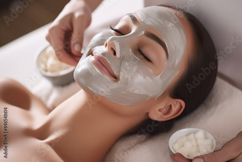 Smiling woman in mask on face in spa beauty salon