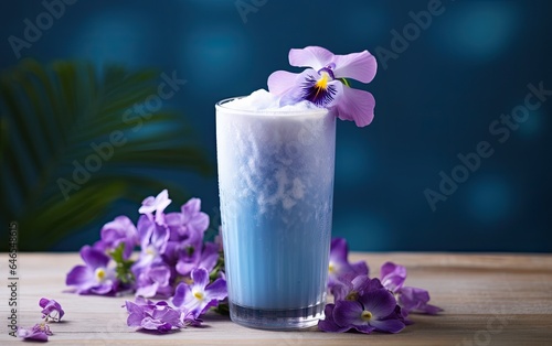 Blue matcha cocktail in a glass on a table decorated with butterfly pea flowers