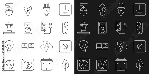 Set line Leaf Eco symbol, Lamp in electronic circuit, Battery charge, Electric plug, Ampere meter, multimeter, tower line, Computer mouse and extension icon. Vector