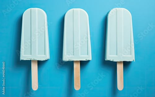 Blue matcha ice cream popsicles on a blue background with copy space