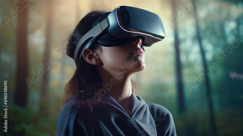 Tech-Savvy Female Student Explores Metaverse with VR Headset, Embracing Modern Cyber Gaming in the Future of Outdoor Virtual Reality Exploration.. © Ai Studio