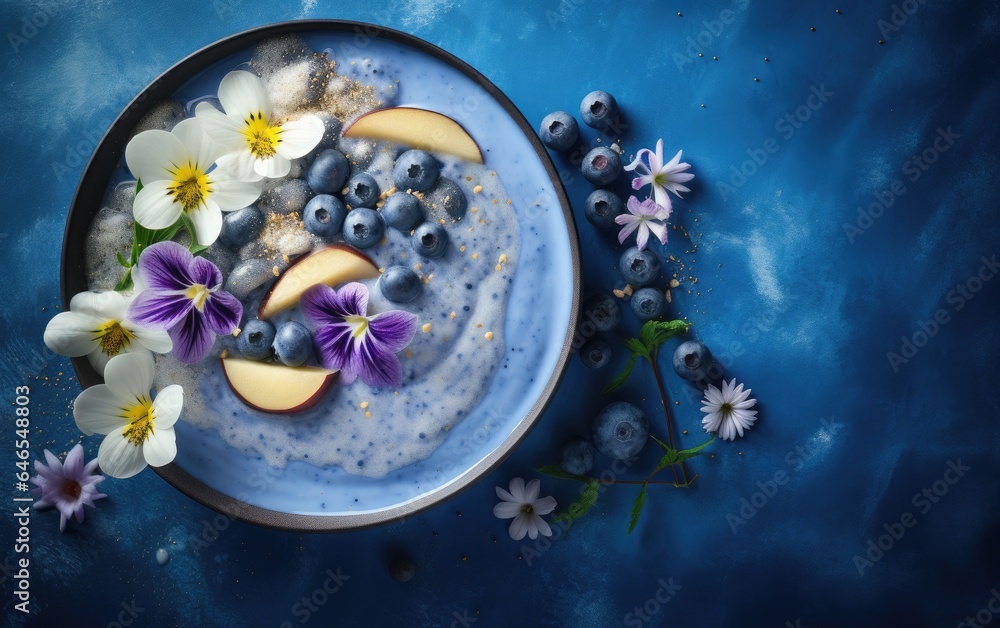 Overhead shot of blue matcha smoothie in a bowl decorated with butterfly pea flowers and berries Overhead shot of blue matcha smoothie in a bowl decorated with butterfly pea flowers and berries