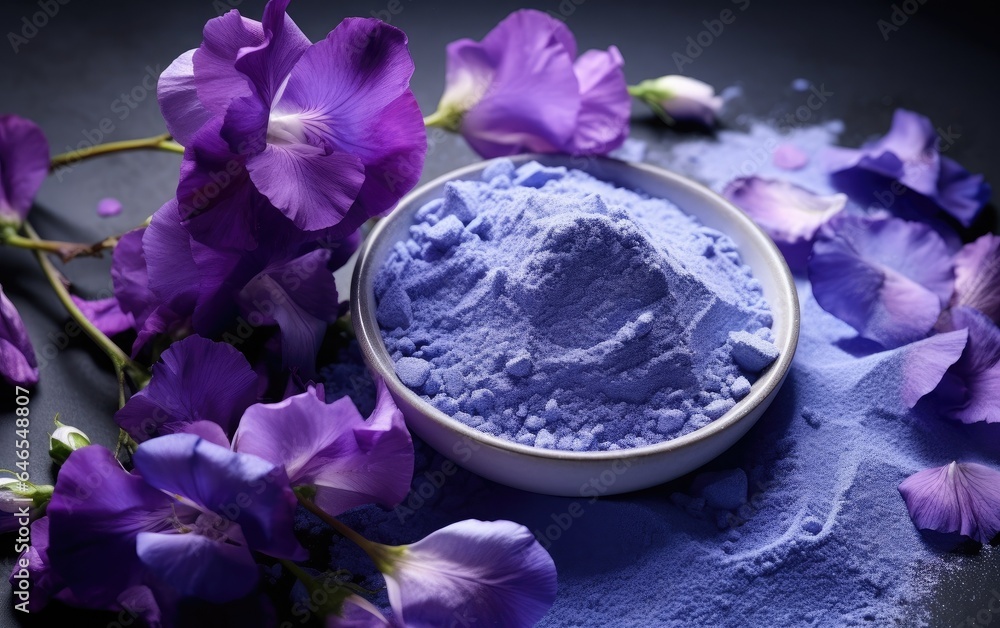 Blue matcha powder in a bowl surrounded by butterfly pea flowers Blue matcha powder in a bowl surrounded by butterfly pea flowers