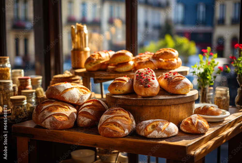 A wooden table topped with lots of bread. A variety of freshly baked bread displayed on a rustic wooden table