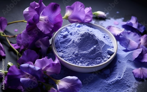 Blue matcha powder in a bowl surrounded by butterfly pea flowers © AZ Studio