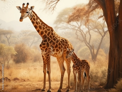 Beautiful giraffe mother with her calf in the wild in Africa.