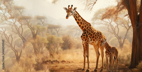 Beautiful giraffe mother with her calf in the wild in Africa.