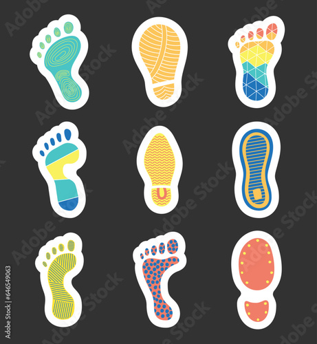 Different human footprints. Sticker Bookmark. Shoe tread imprint. Hand style. Vector drawing. Collection of design elements.