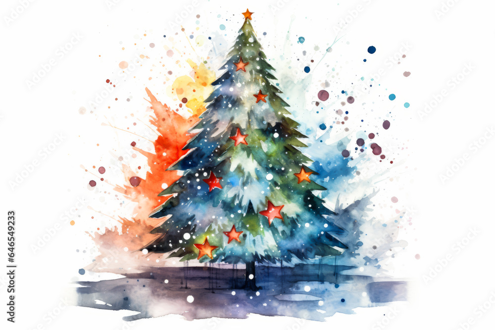 Watercolor Christmas tree with toys. New Year tree with Cristmas ball on white background. Holiday illustration for design, print, fabric or background. Watercolor Christmas tree with toys. New Year tree with Cristmas ball on white background. Holiday illustration for design, print, fabric or background.
